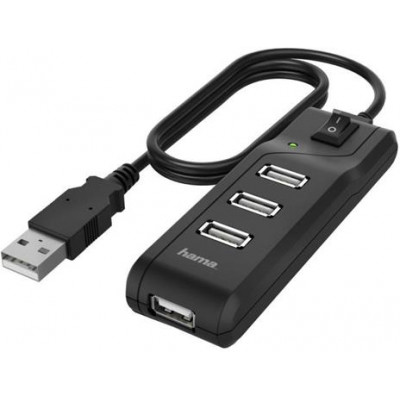 HAMA 200118 HUB USB 2.0 DA TAVOLO, 4 PORTE, SWITCH ON/OFF, CAVO INTEGRATO, NERO 7200118
