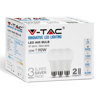 V-TAC Lampadina LED E27 15W A65 4000K Box 3 pezzi 