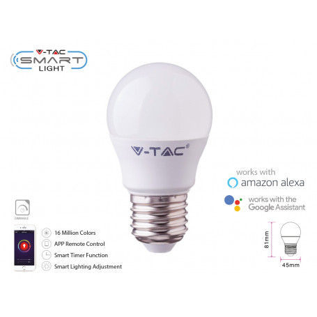 V-TAC 2755 SMART LED E27 5W G45 Comp.con Google Home e Alexa RGB e 3 in 1 Dimmerabile