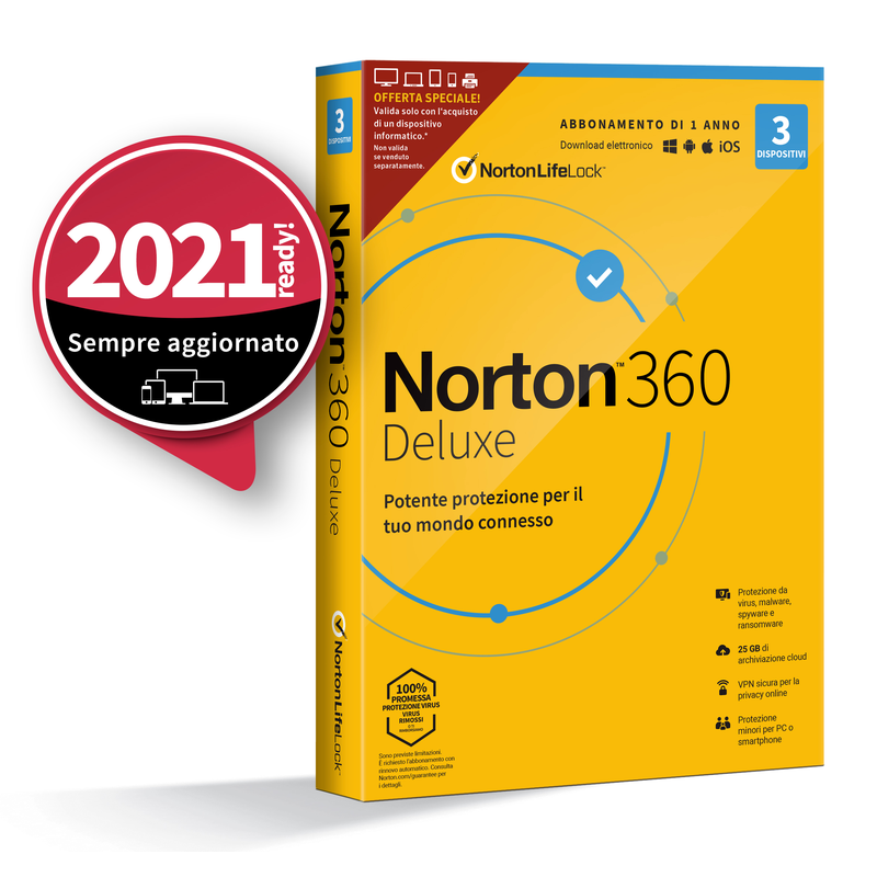 NORTON 360 Deluxe 2020 software antivirus per dispositivi 5 e 1 anni di sottoscrizione 